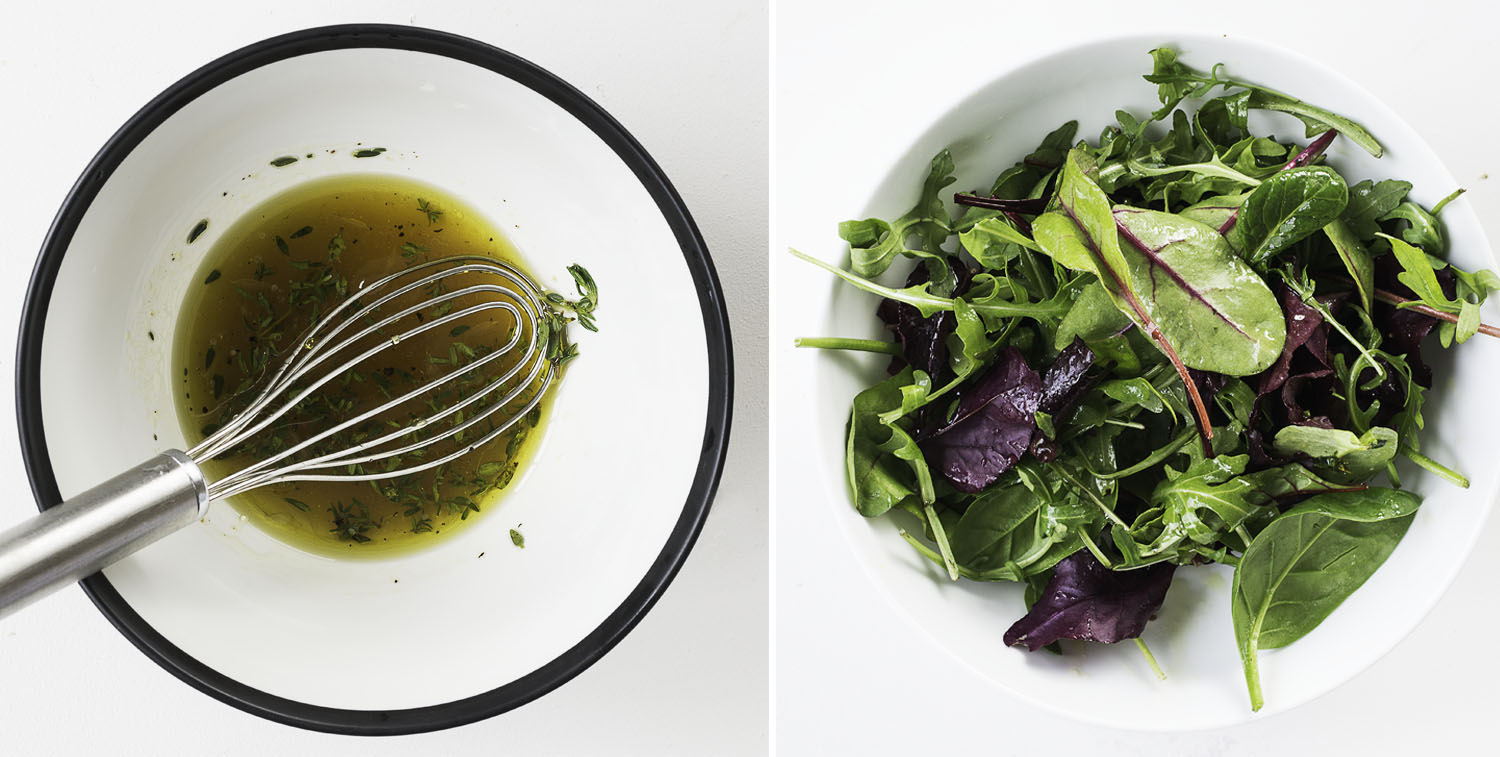 Left: The salad dressing, Right: Salad leaves tossed in dressing