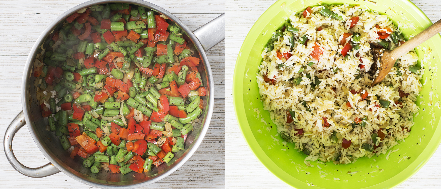 Left: Cooked vegetables Right: Vegetables mixed with rice