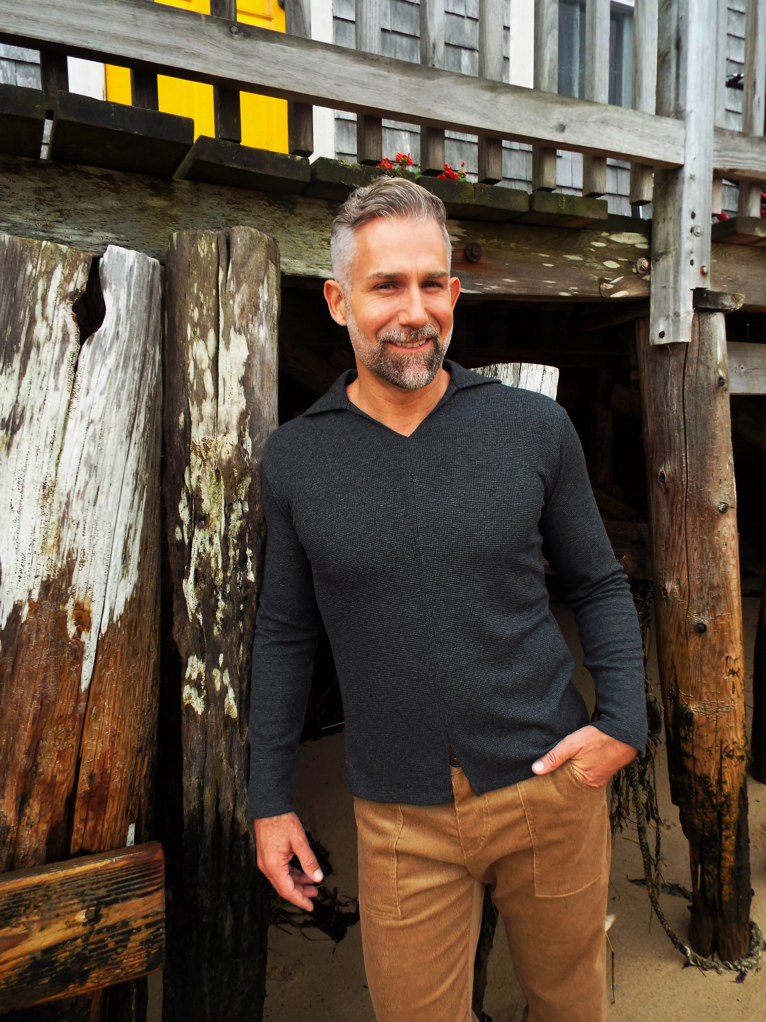 split bond polo - long sleeve in charcoal