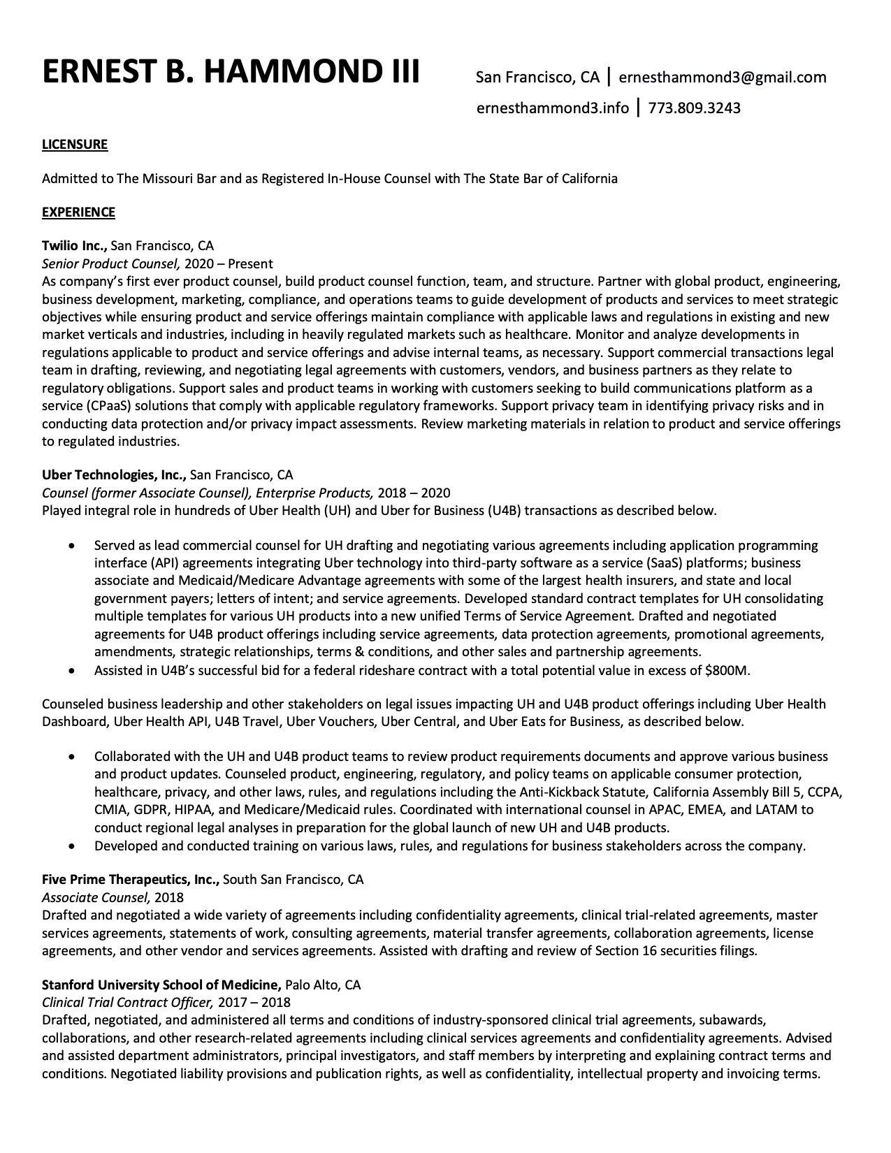 Résumé u2014 Ernest B. Hammond III