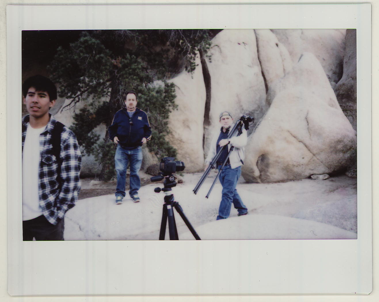 January 22, 2015 - Gary is the one with the backwards hat, carrying the tripod. Also pictured - Gabe De Alba, a classmate, and David Bess, a professor. 