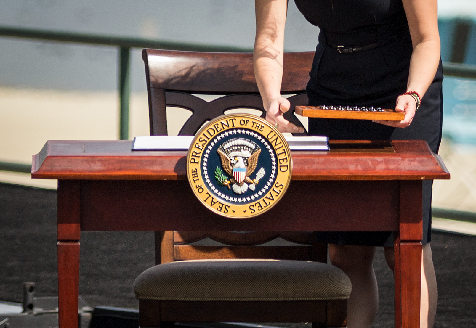 The proclamation and presidential pens are placed on stage before President Barack Obama designates part of the San Gabriel Mountains as a national monument, October 10, 2014.