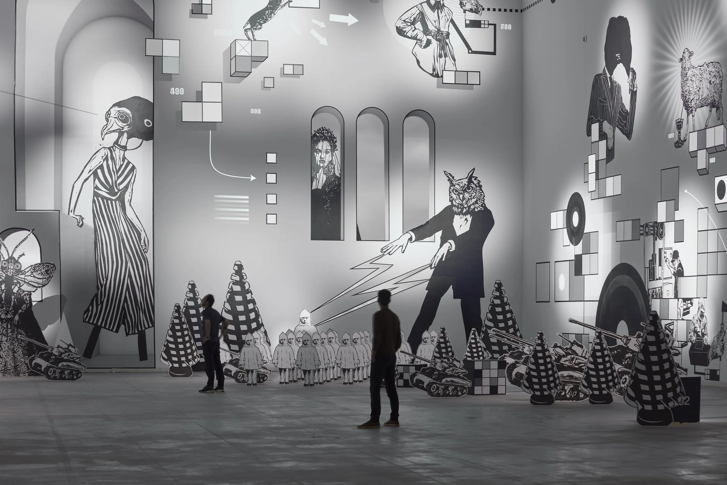 Site-specific installation of Mécaniques Discursives by Fred Penelle and Yannick Jacquet at LABoral Centro de Arte, Gijón