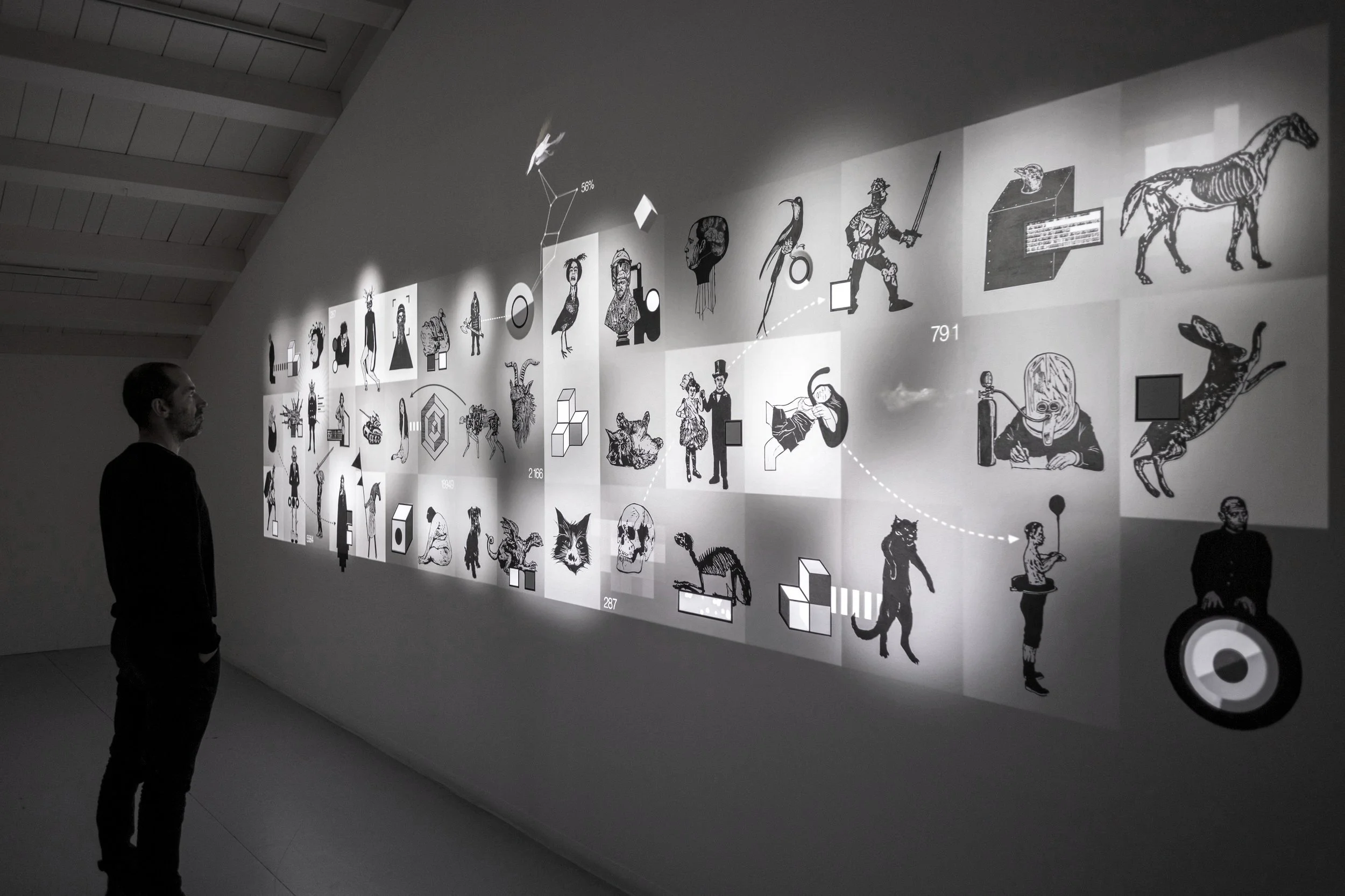 Mécaniques Discursives, wall composition with visitor, Ferme de Lachapelle, Geneva, 2019