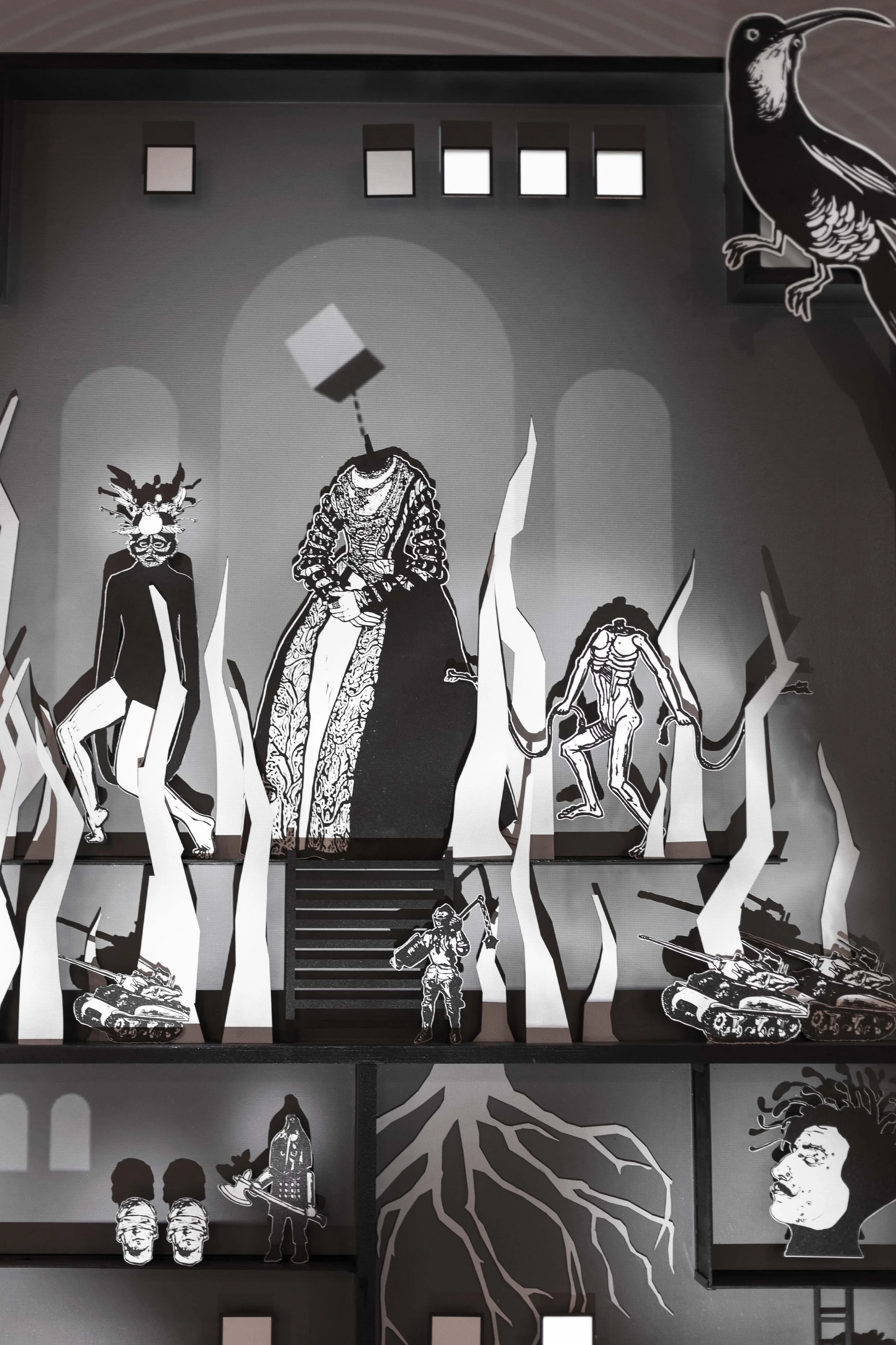 Detail of Retable installation by Fred Penelle and Yannick Jacquet showing fragmented figures and visual motifs