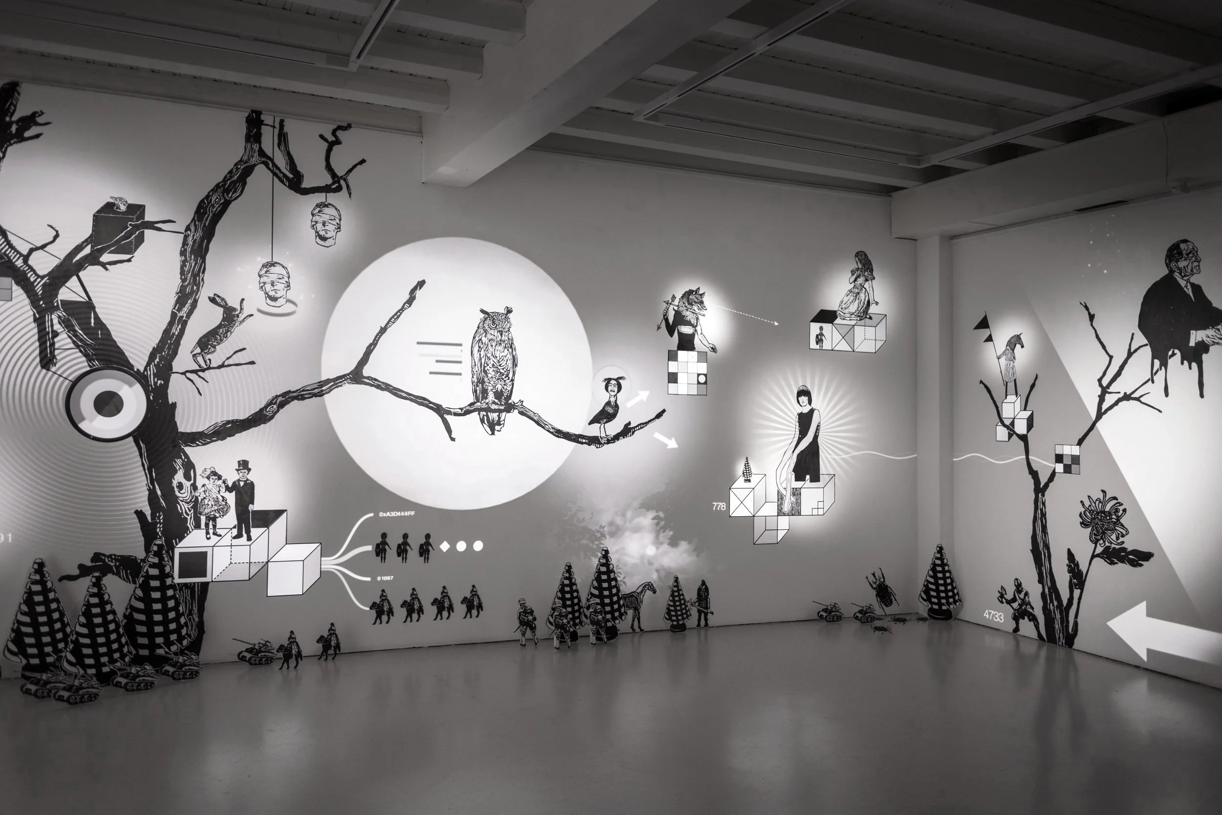 Site-specific installation of Mécaniques Discursives by Fred Penelle and Yannick Jacquet at Ferme Lachapelle, Geneva