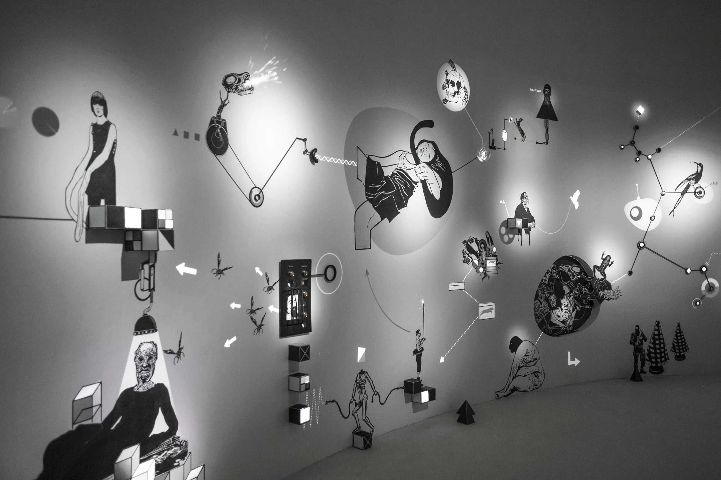 Installation by Fred Penelle and Yannick Jacquet extending across the walls at Puzzle, Thionville
