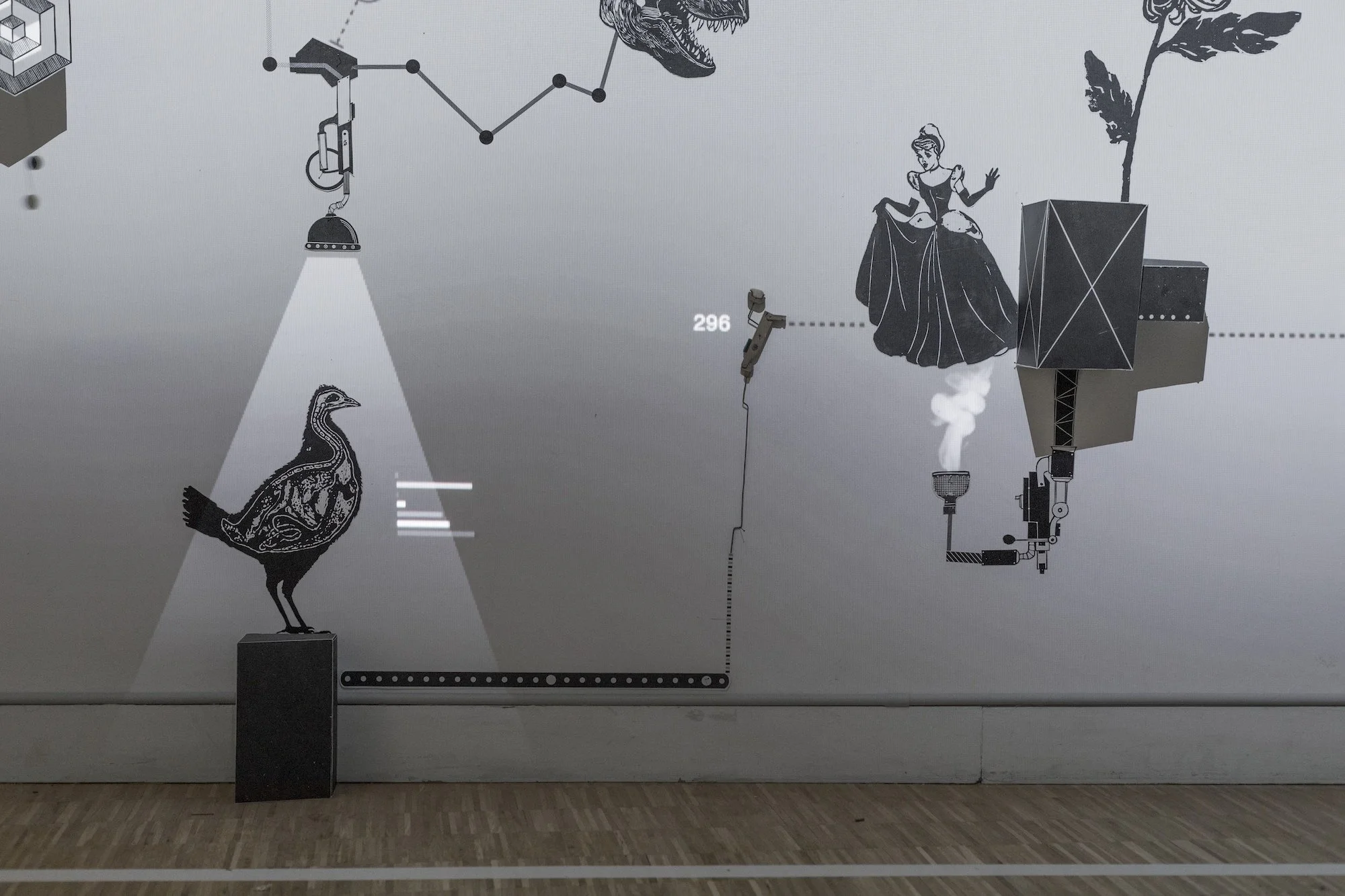 Detail of installation by Fred Penelle and Yannick Jacquet at LUX Valence, showing early visual system and mechanical elements