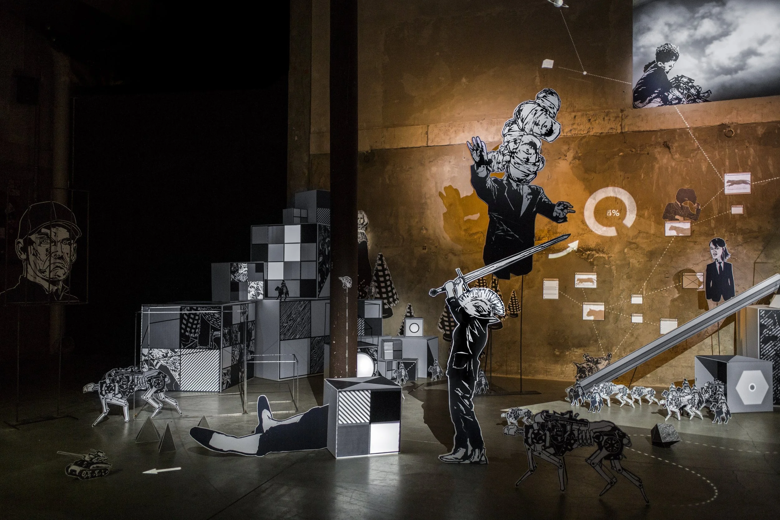 Installation by Fred Penelle and Yannick Jacquet at Centquatre Paris, combining large-scale imagery and spatial elements
