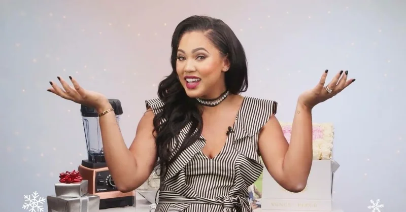 Ayesha Curry live on Popsugar wearing a Zimmerman dress and Fallon choker