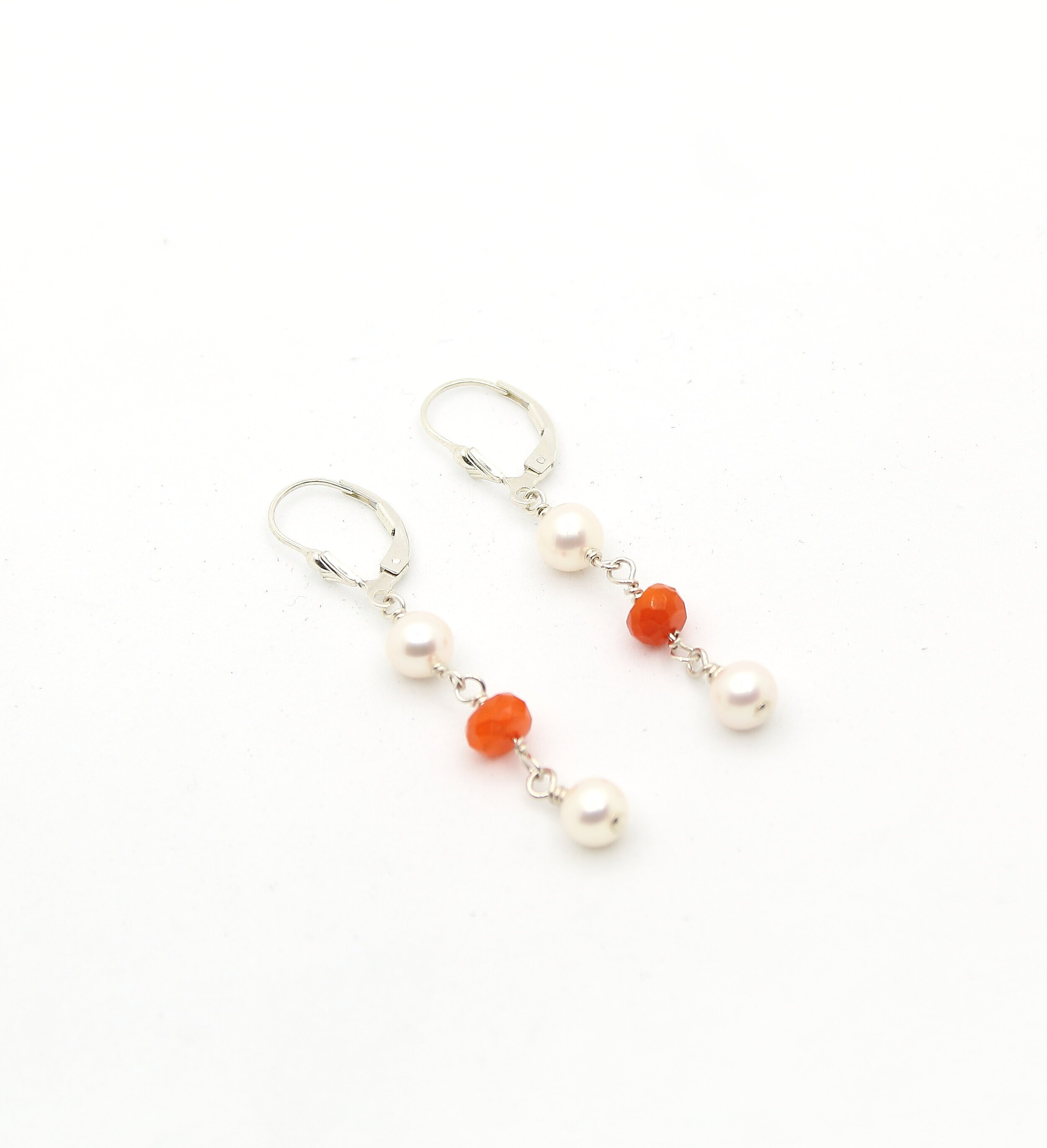 Orange Opals, pearls and sterling silver earrings