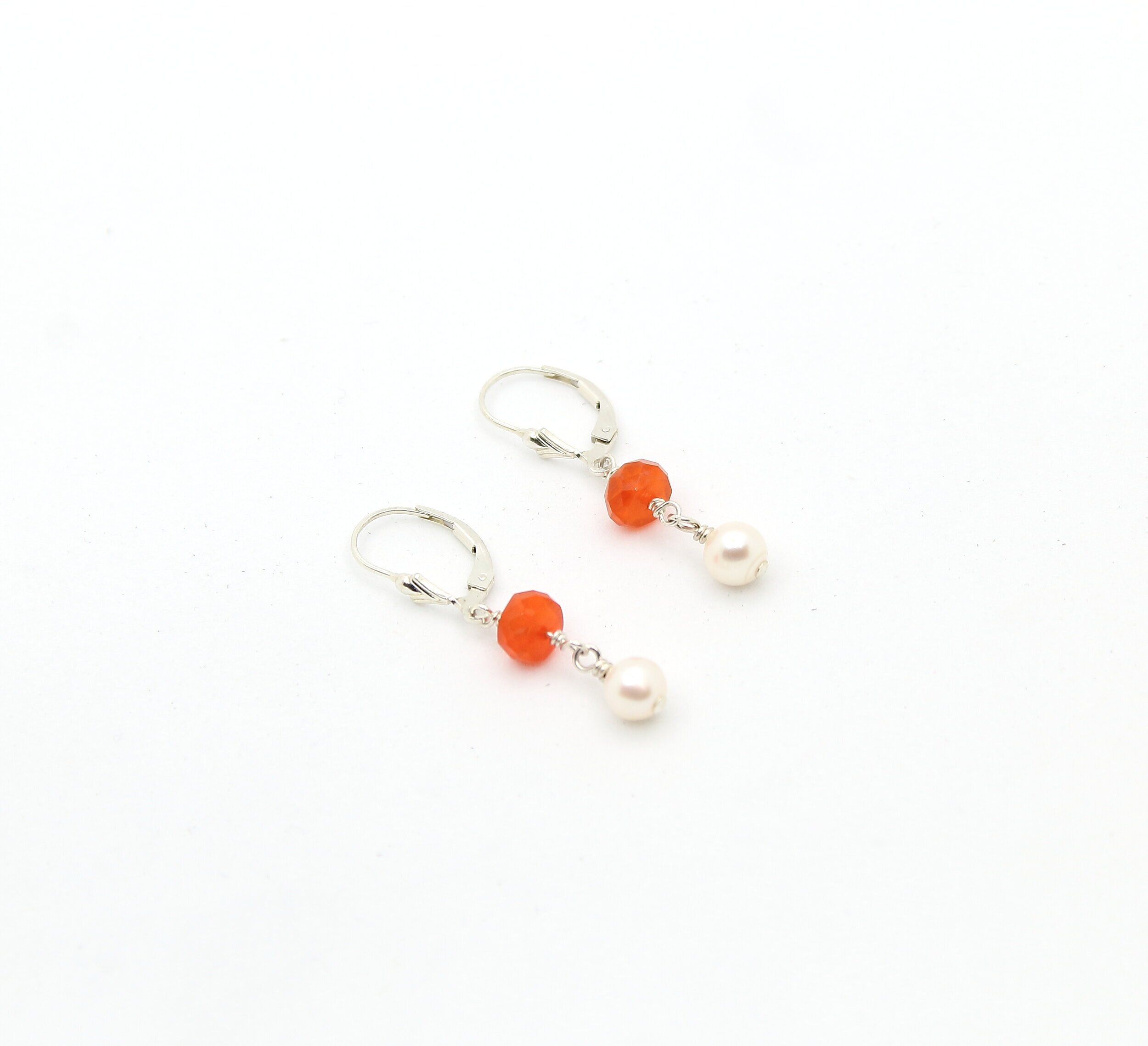 Orange Opals, pearls and sterling silver earrings
