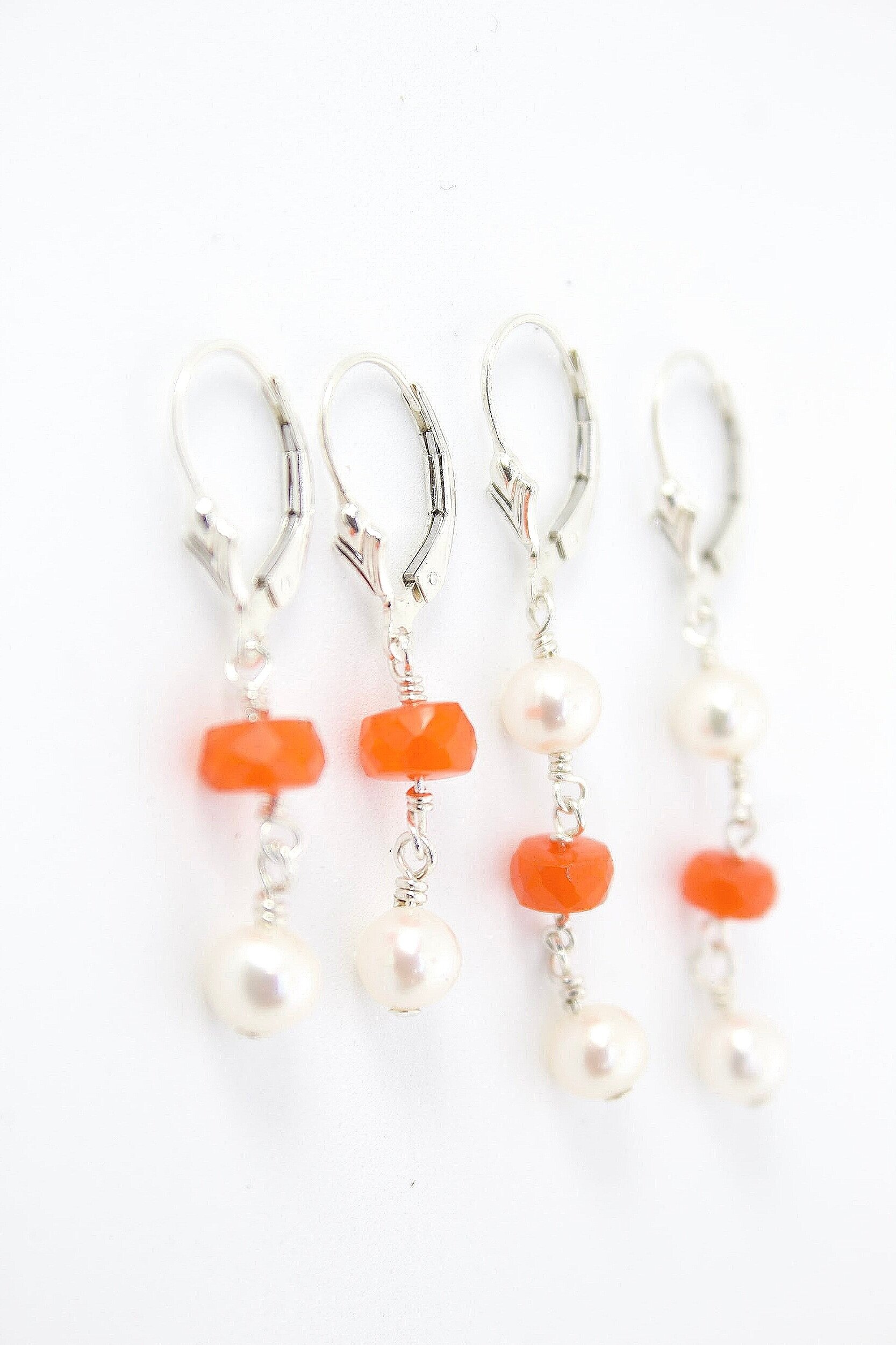 Orange Opals, pearls and sterling silver earrings