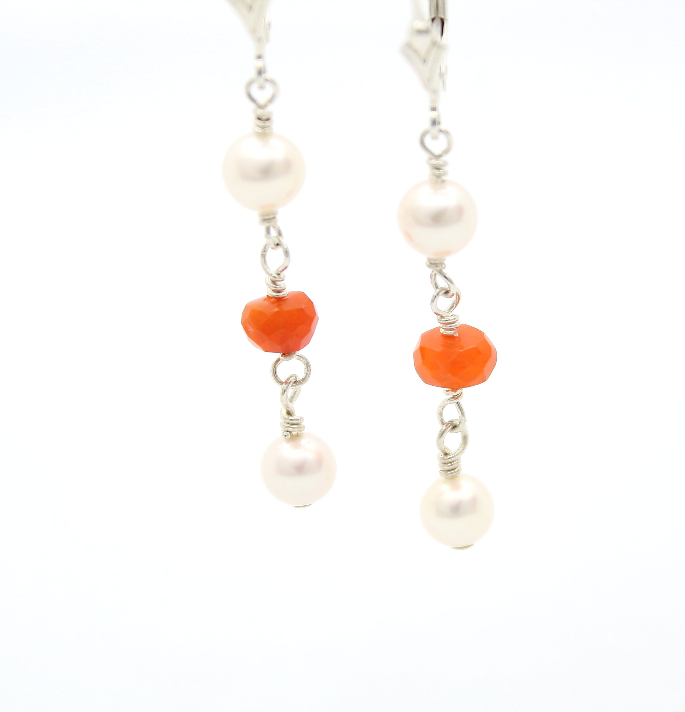 Orange Opals, pearls and sterling silver earrings