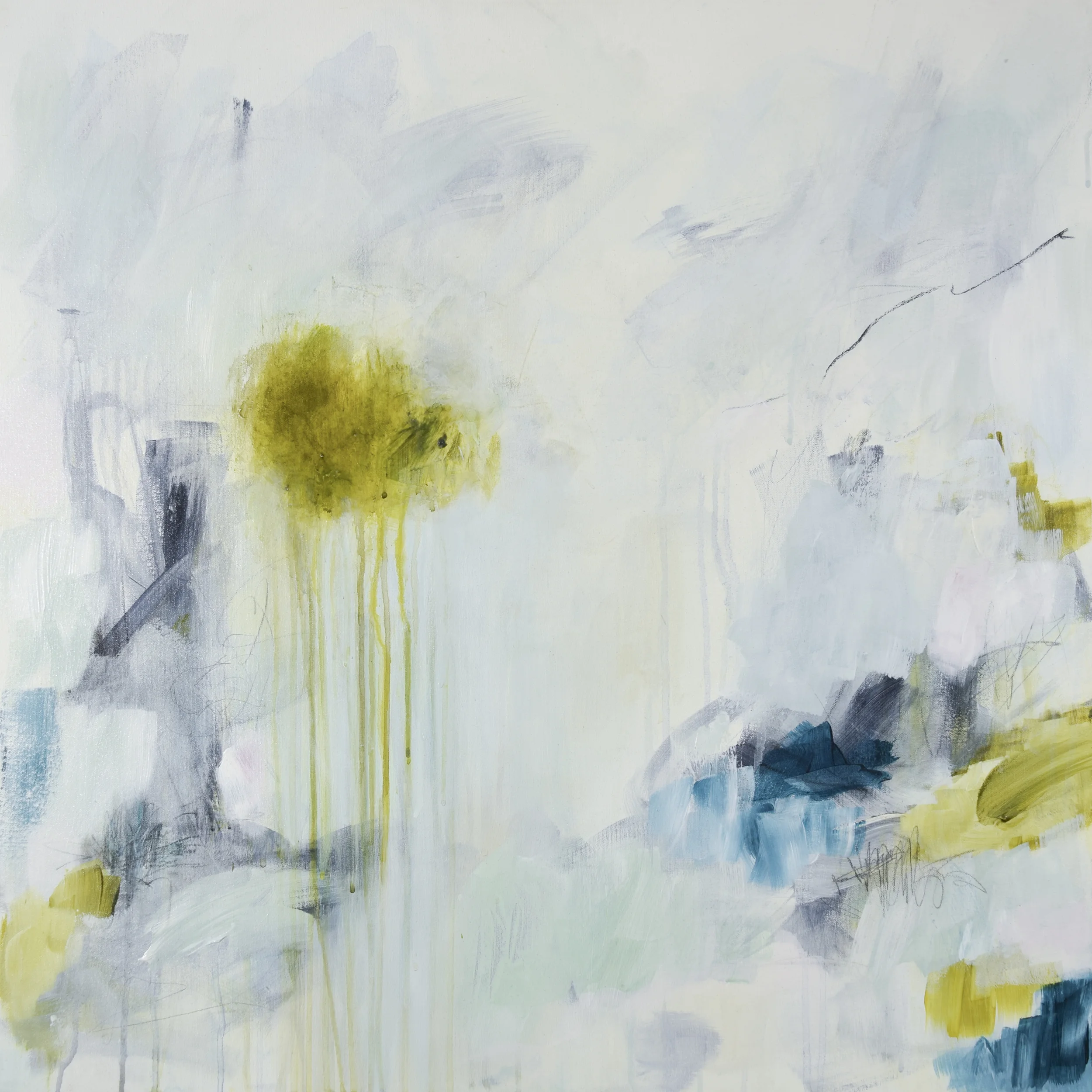 Expressive abstract painting with pale mist blue, soft ivory, olive gold, deep teal and layered washes of atmospheric colour.