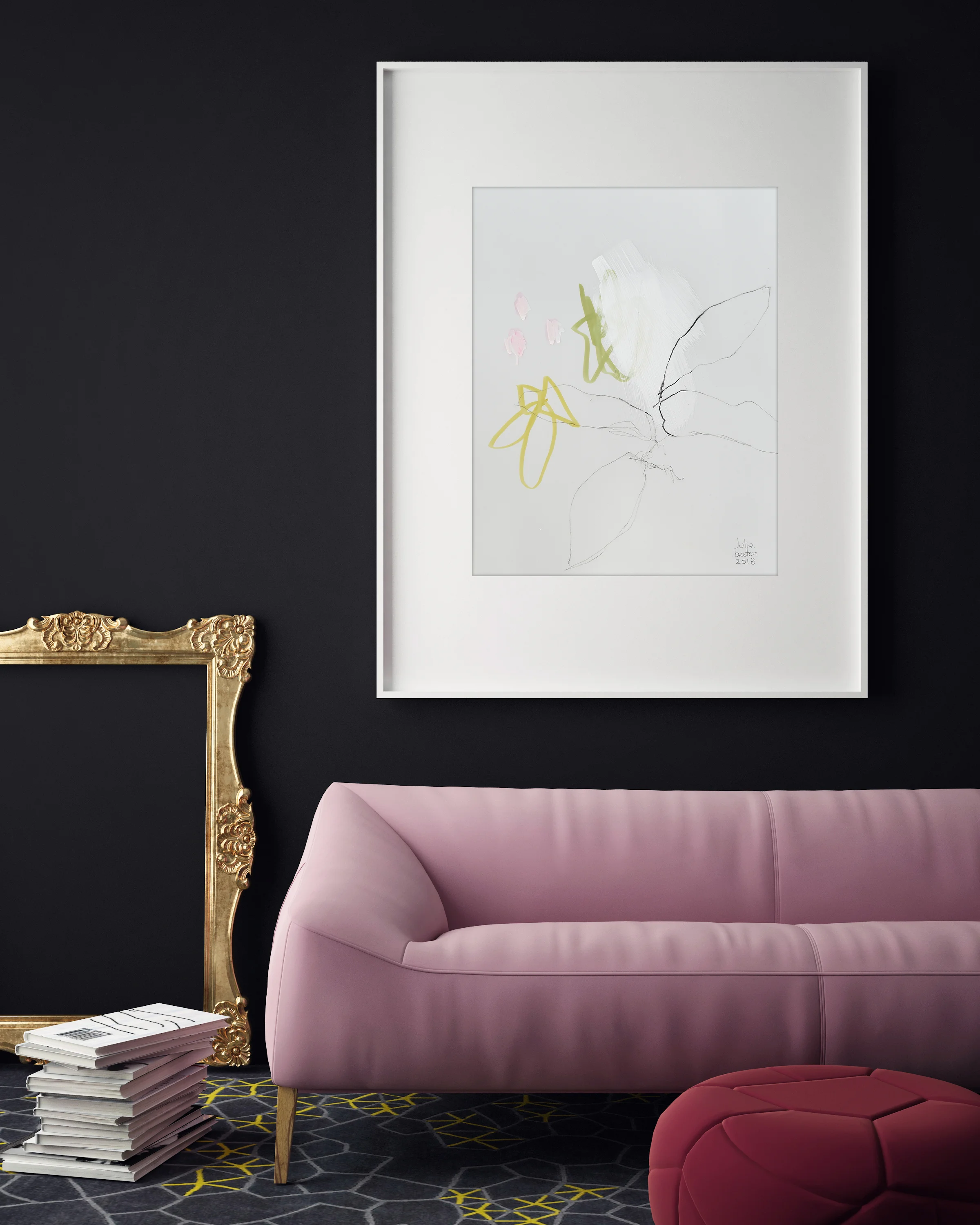 Botanical drawing on transluscent paper 11 x 14 in in dark wall inteior with pink velvet sofa