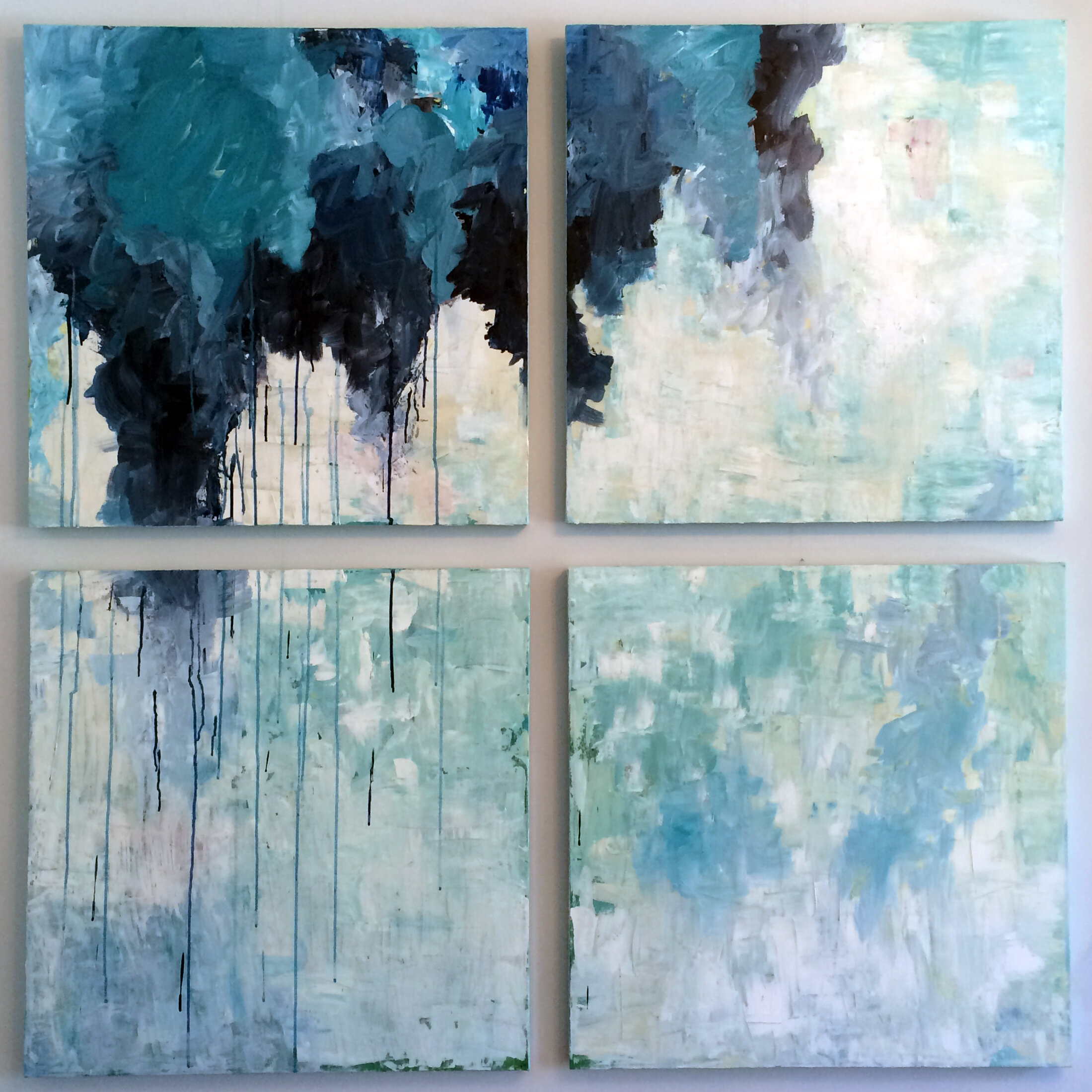 Be Yourself quadriptych abstract canvas art print featuring layered blue, teal, aqua and soft white tones with expressive brushwork, atmospheric textures and cascading paint drips across four panels.