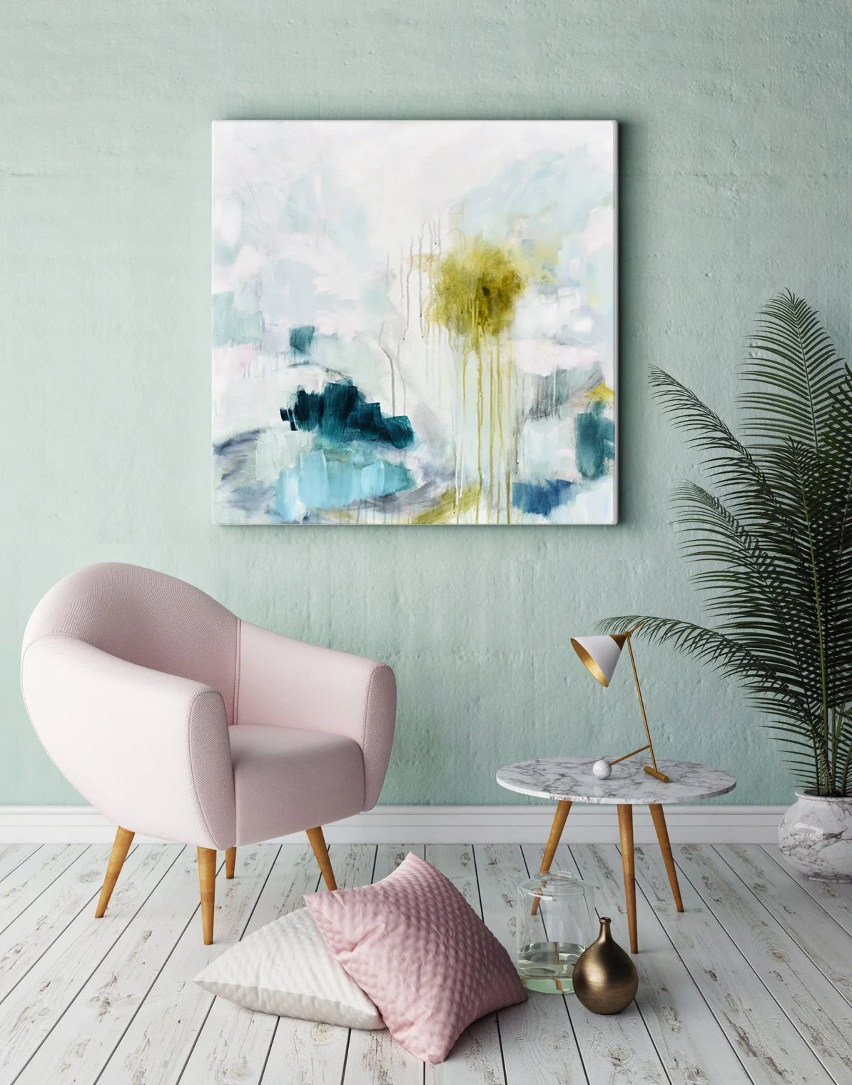 Abstrcat painting in pastel colors in a living room with pink chair