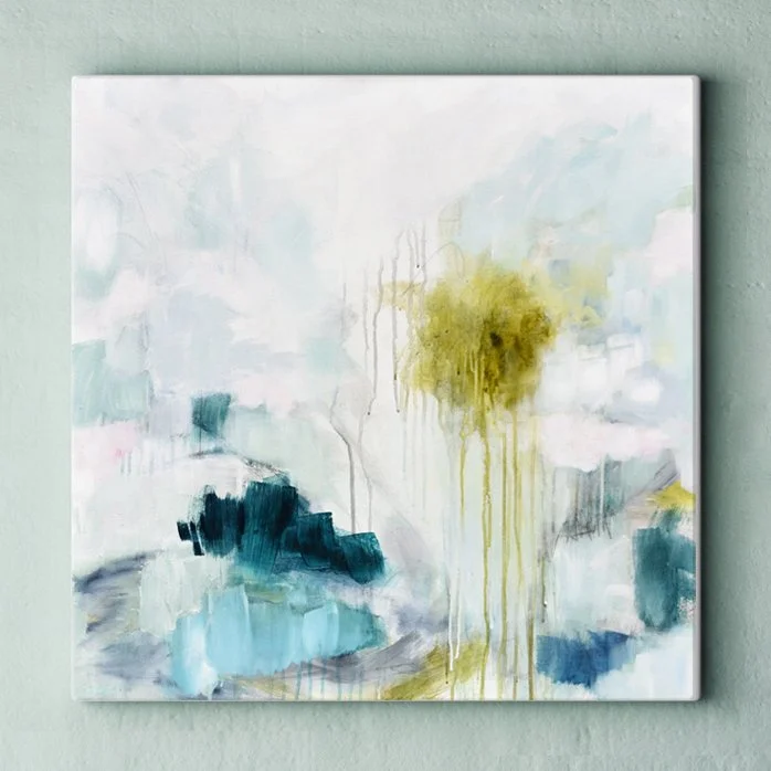 Abstract painting with soft blue, teal and chartreuse tones, layered color and expressive botanical-inspired forms.