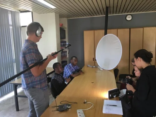 The team conducting interviews with Bridge2Rwanda students.