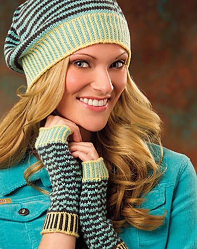 Zig Your Zag Hat & Fingerless Mitts (Creative Knitting Magazine, Fall 2015, featuring Ewe So Sporty): slipped stitches great a fun, optical illusion style pattern on the mitts and matching beanie.