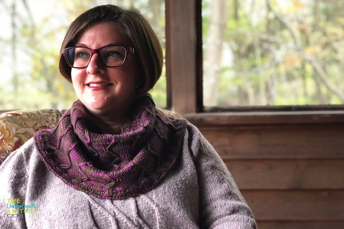Cabin Rose - a worsted weight tapered cowl knit with graphic elongated stitches.