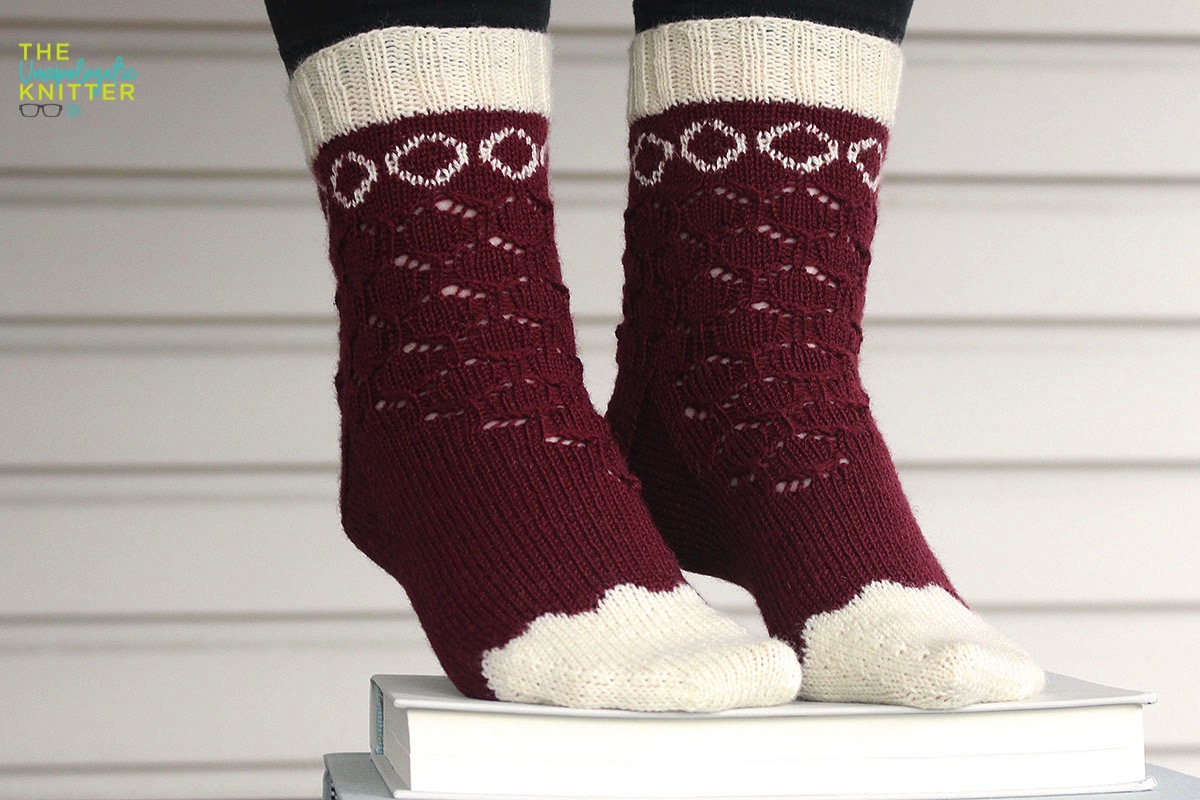 2-color cuff down socks with modified mosaic colorwork and a lace motif to match!