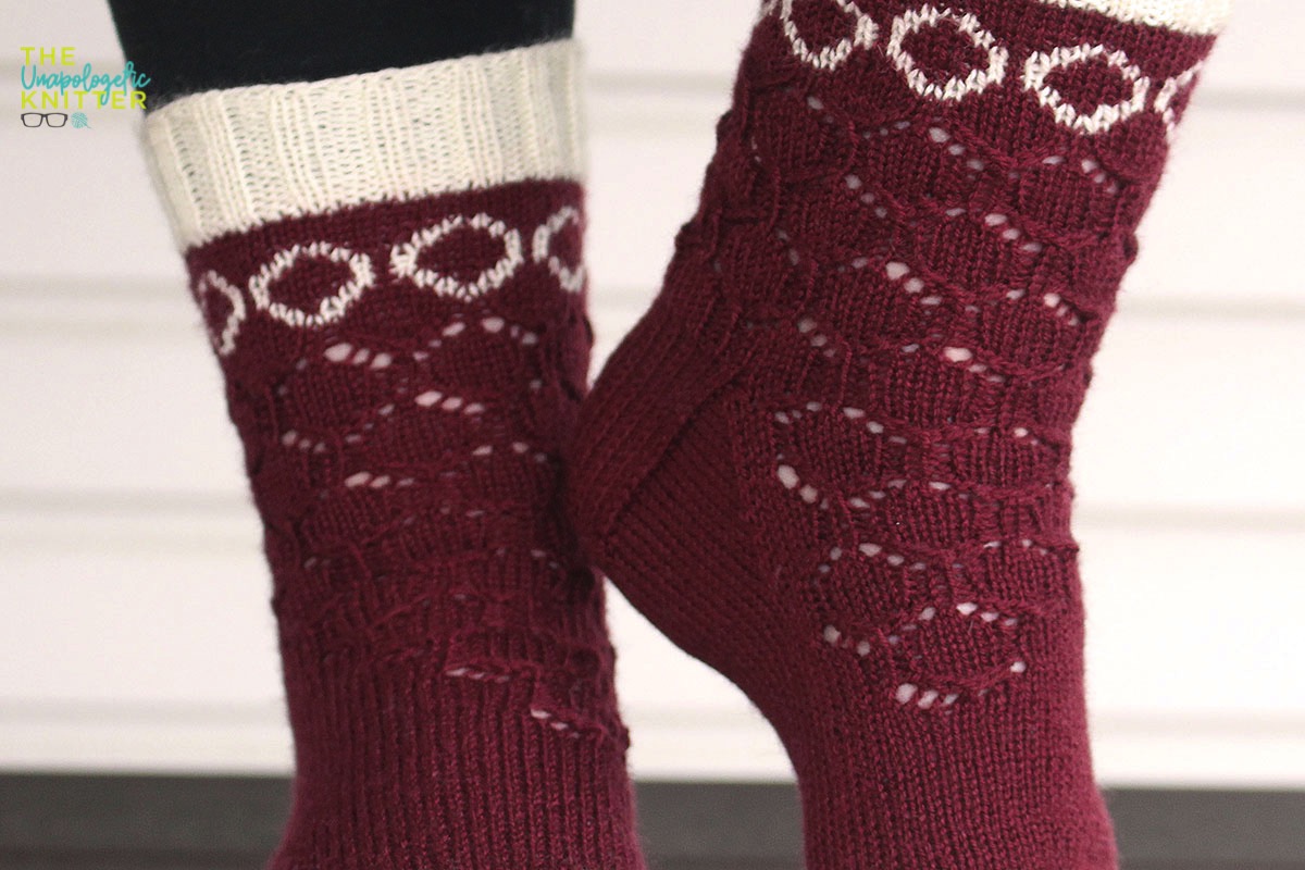 2-color cuff down socks with modified mosaic colorwork and a lace motif to match!