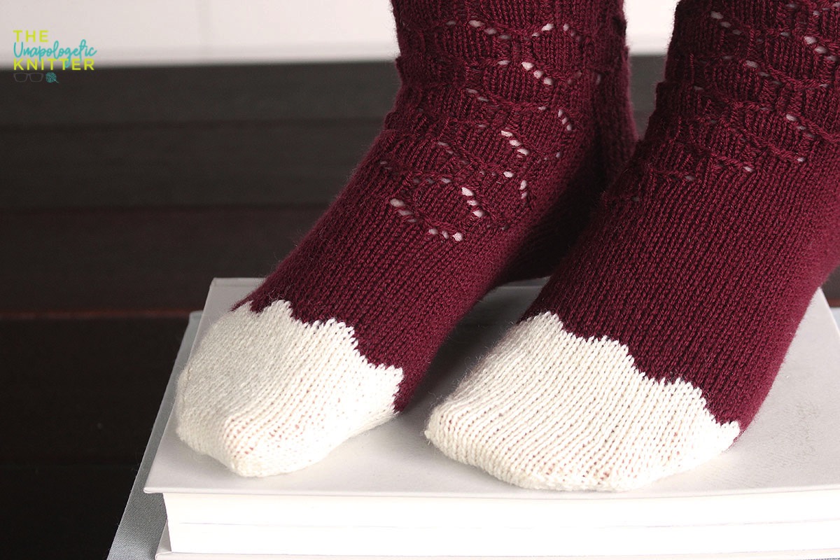 2-color cuff down socks with modified mosaic colorwork and a lace motif to match!