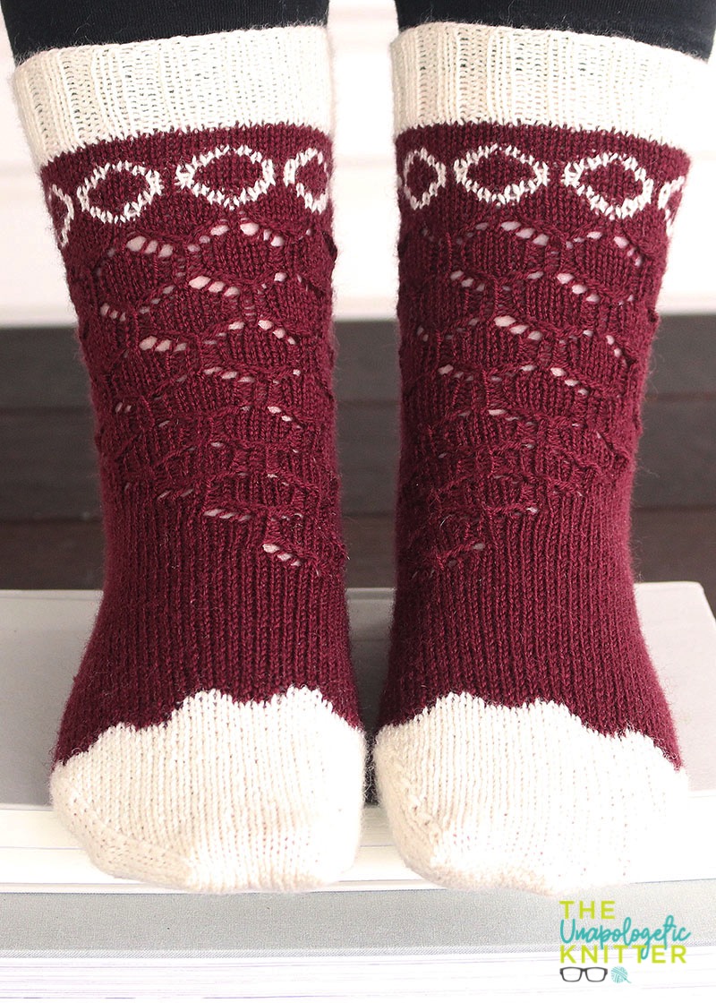 2-color cuff down socks with modified mosaic colorwork and a lace motif to match!