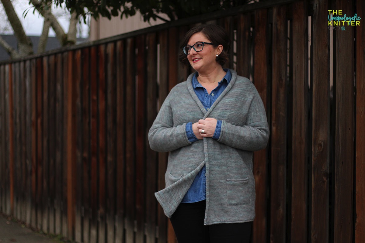 A hand-knit casual cardigan worked in reverse stockinette with minimal finishing.