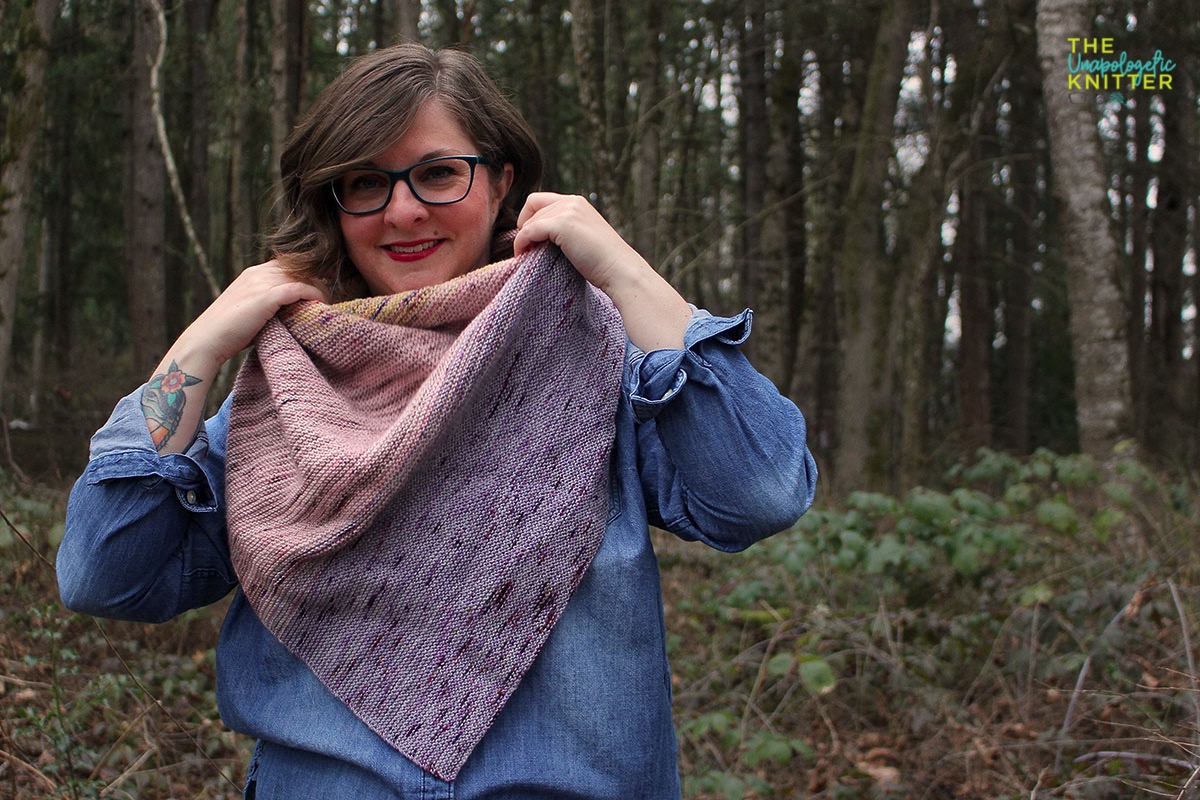 A 3-color garter triangular shawl with color shifting.