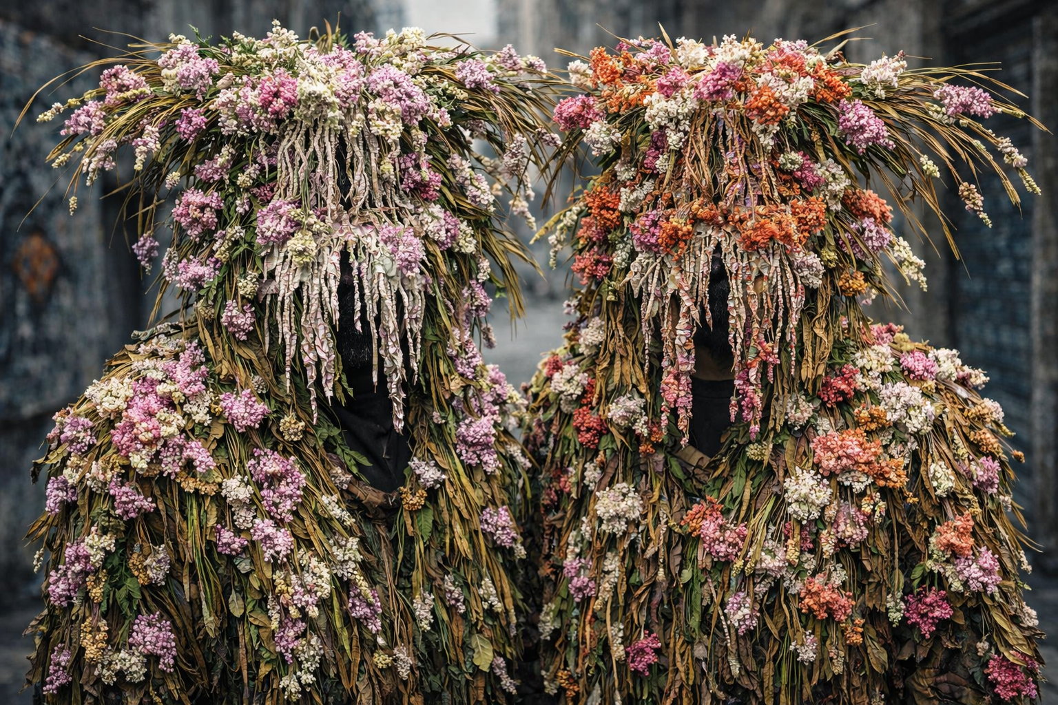 Flower-clad figures in an urban alley.png
