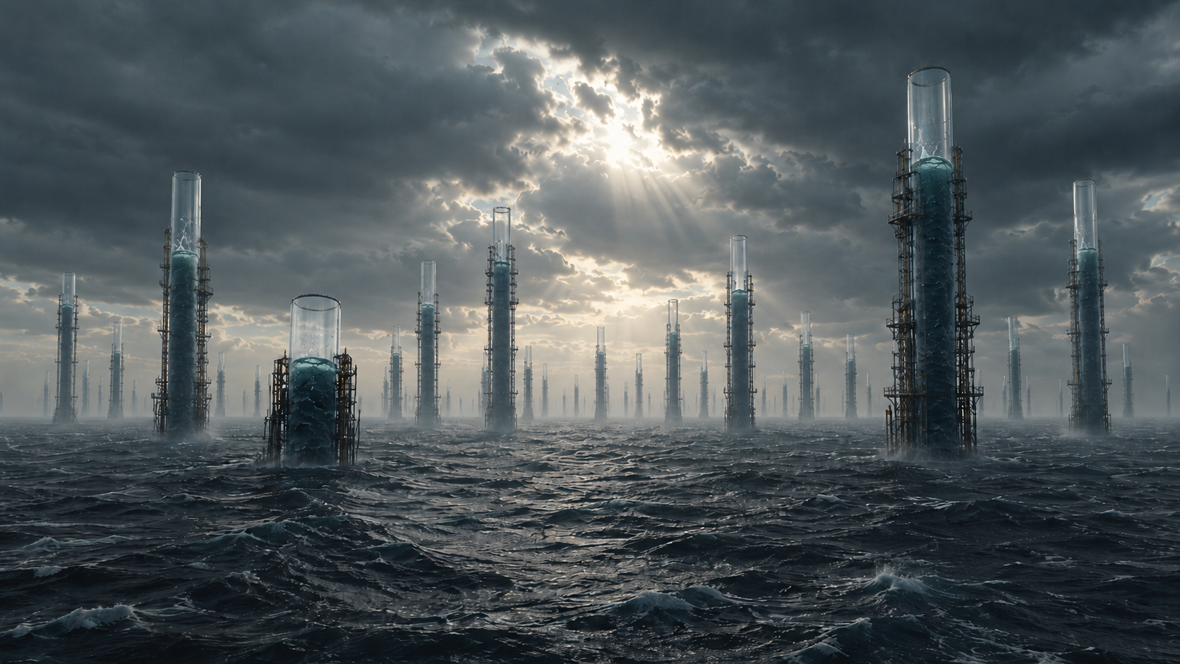 Stormy ocean with towering industrial structures.png