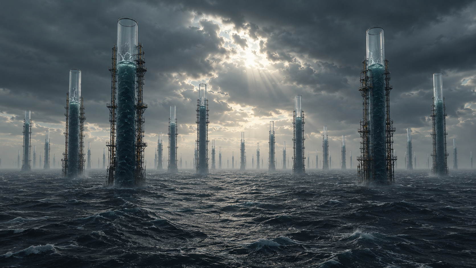 Stormy ocean and towering structures.png