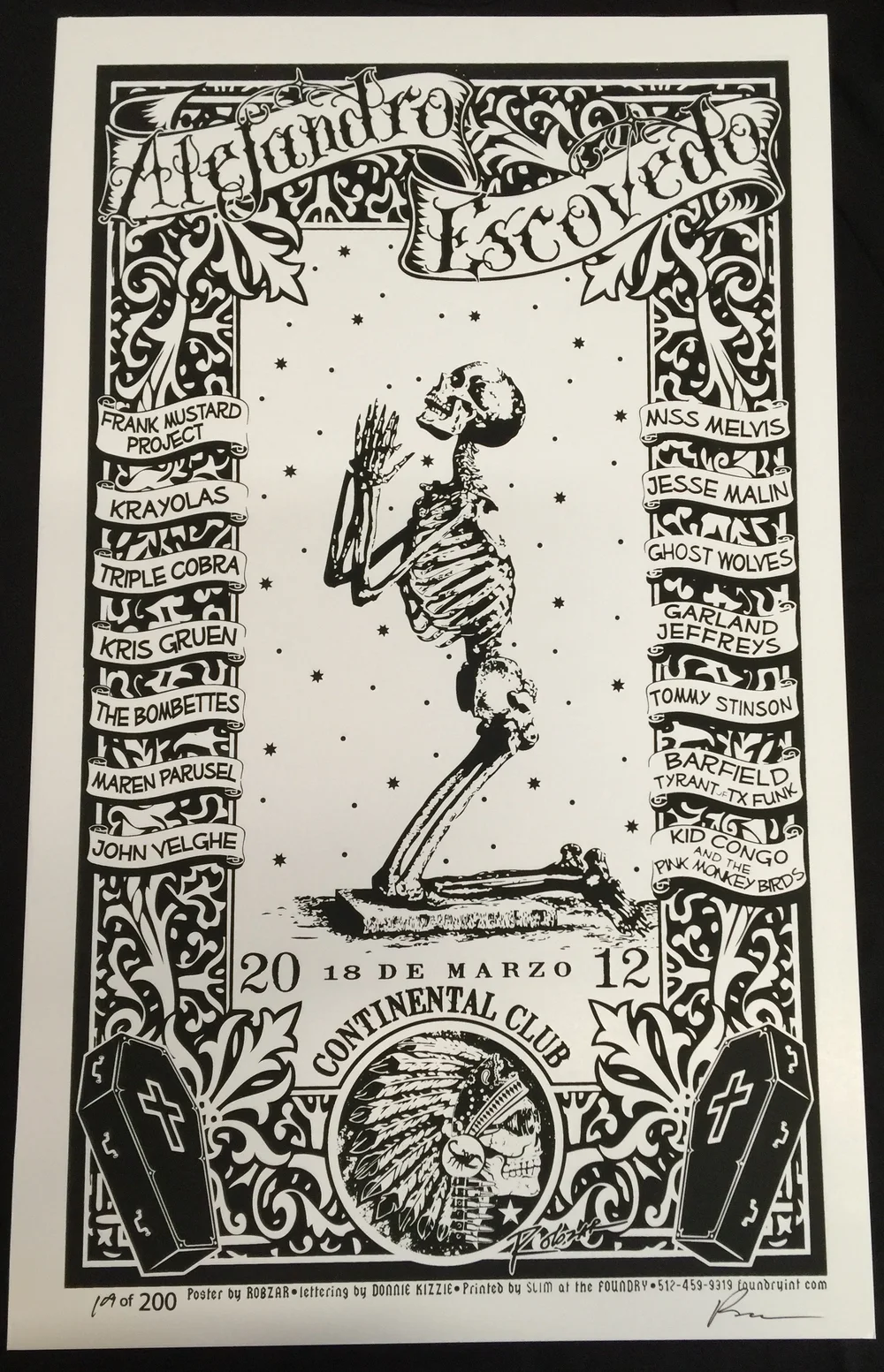 Alejandro Escovedo Skelton SXSW Show March 2012 Screen Printed Poster