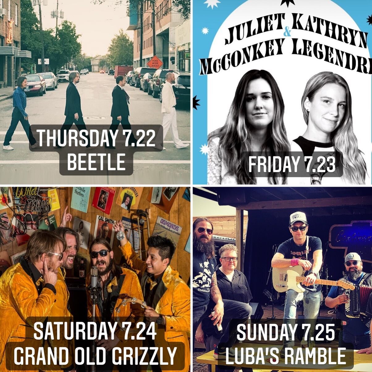 This weeks shows! @beetleband @legendre  @julietmcconk @grandoldgrizzly @lubadvorak ⚡️#continentalclubhouston #houstonlivemusic