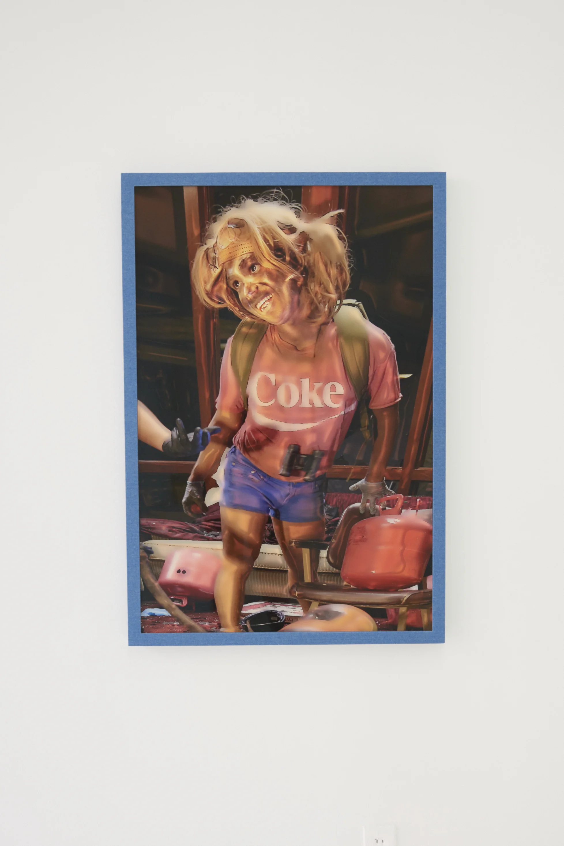 Ryan Trecartin The Friendliest Survival Planner Yet , 2015 Digital print, hand wrapped custom frame, denim, glue, wood, non-glare plexiglass, aluminum backing 38x 26 x 1 1/2 in Edition 1 of 6 + 2AP