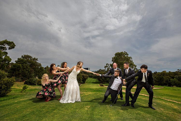 golf fun wedding bridal party photo