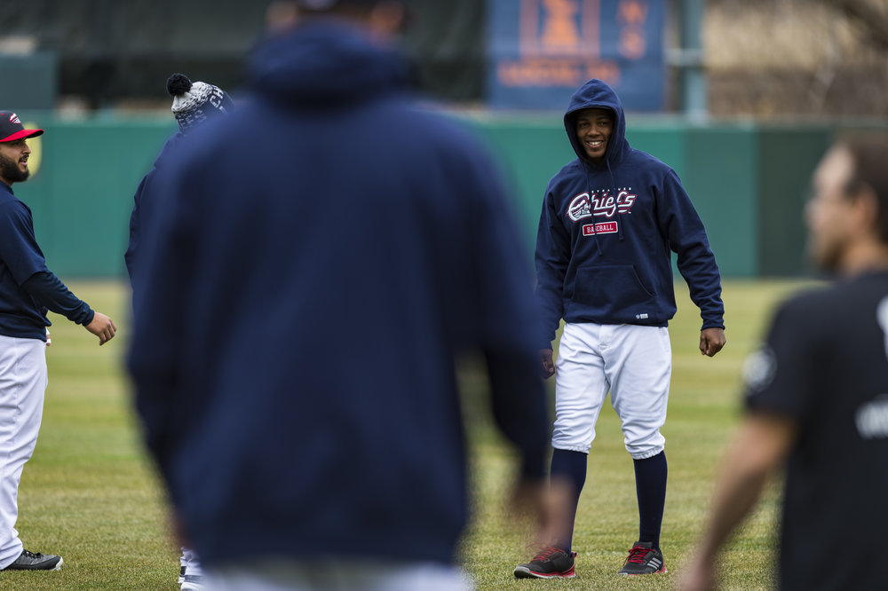  Several Syracuse Chiefs players joke around during practice a day before what was supposed to be the first game of the season in April 5th, 2017. The game was postponed the next day due to inclement weather. 