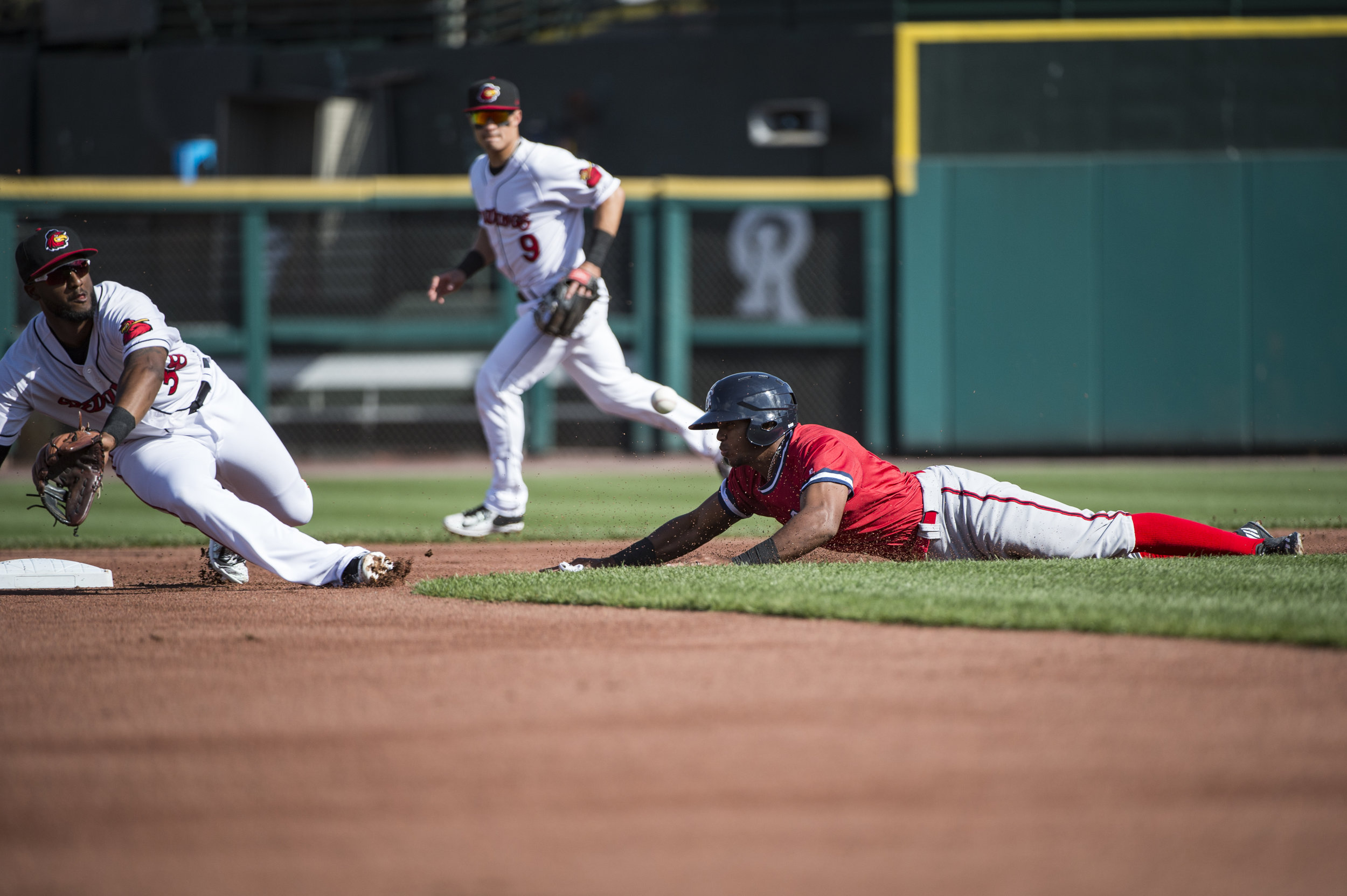  Rafael Bautista steals a base during a Chiefs game against the Rochester Red Wings at Rochester on April 16th, 2017. Bautista is known for his speed. Before getting called up to the Nationals, he led the Chiefs with 3 stolen bases. Last year in Doub