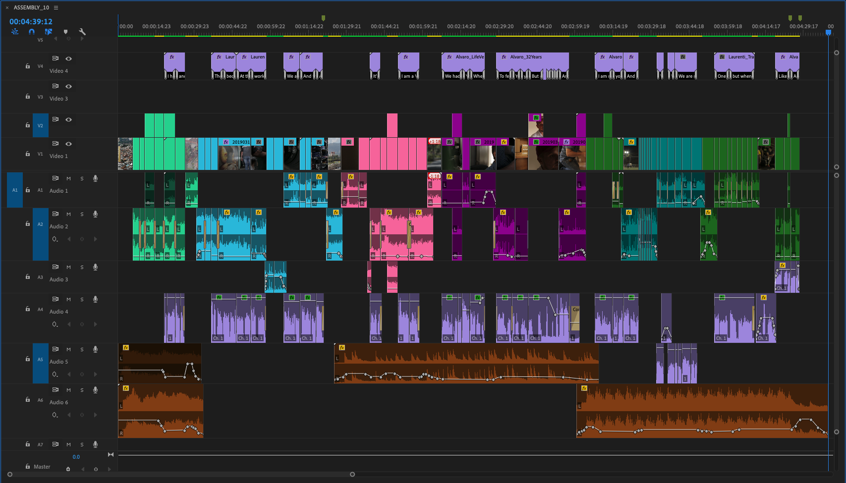 Scenes are coded by different colors, natural sounds make up the first three audio tracks, the interview audio makes up the fourth track, and the music bed is in the fifth and sixth track. Having this coordination is definitely helpful during the polishing phase.