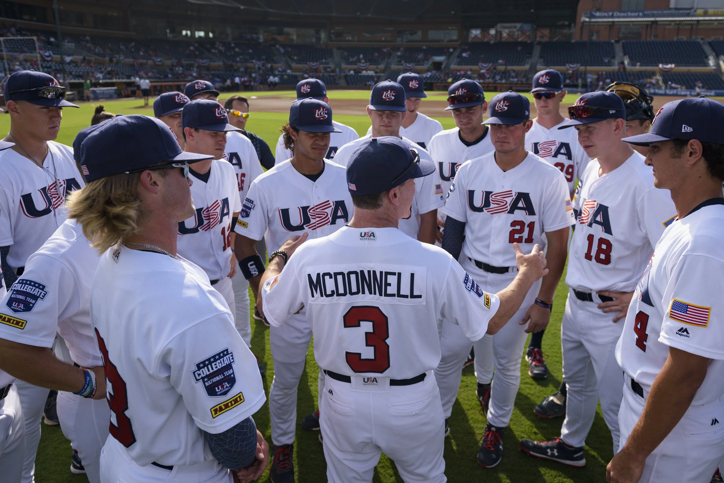 USA Baseball Collegiate National Team manager Dan McDonnell talks to his team before their game against Cuba on July 6, 2019 at Durham Bulls Athletic Park in Durham, NC.