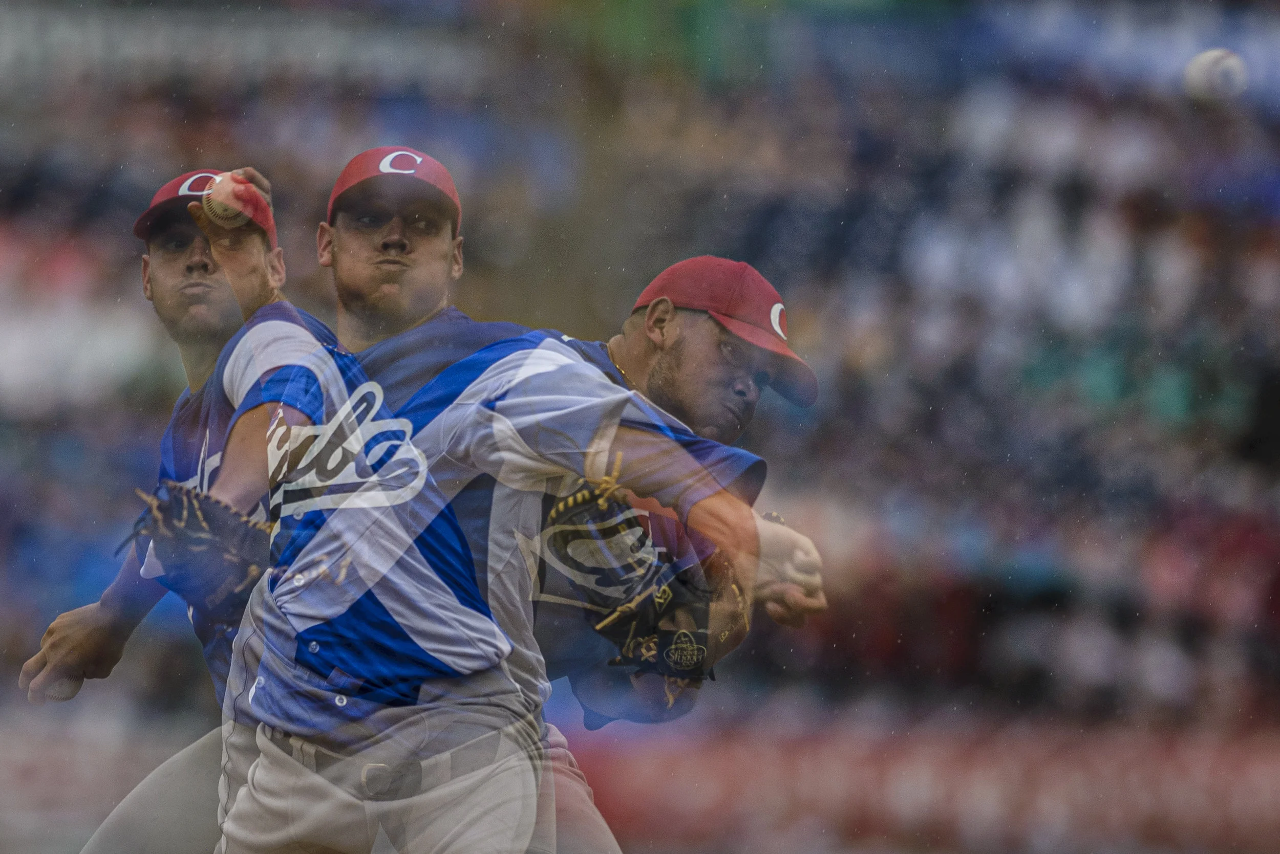 A multiple exposure image of cuban pitcher Yariel Rodriguez on July 4, 2019 at Durham Bulls Athletic Park in Durham, NC. Rodriguez pitched five innings, allowing seven hits and four runs.
