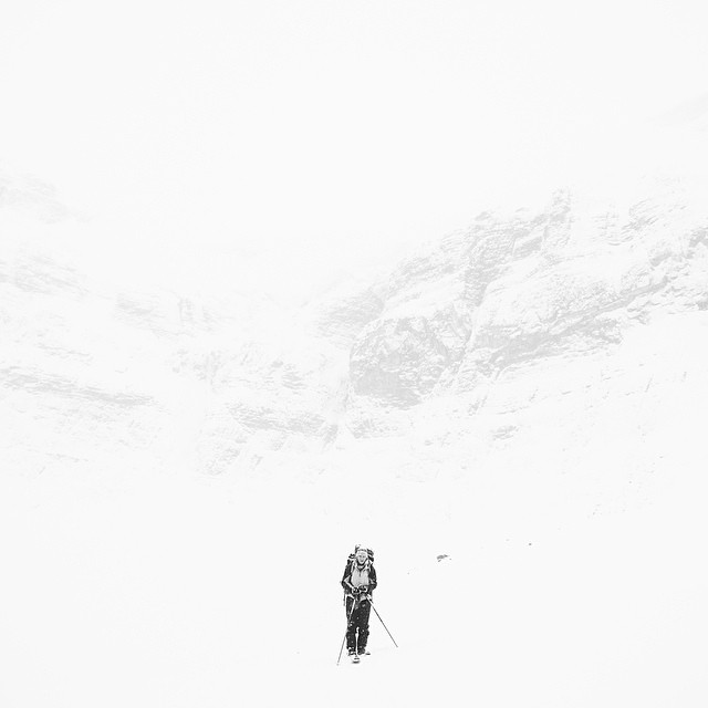 Ski touring in near white out conditions a couple weeks back with @taramcconnery #bowhut #travelalberta #skitouring #skiing #mountains #backcountry