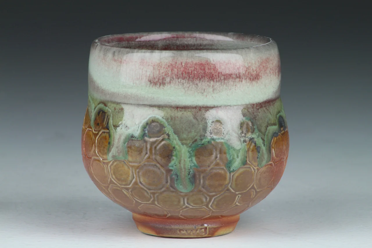 Yunomi, 4" high, glazed porcelain with flashing slip, soda chamber.