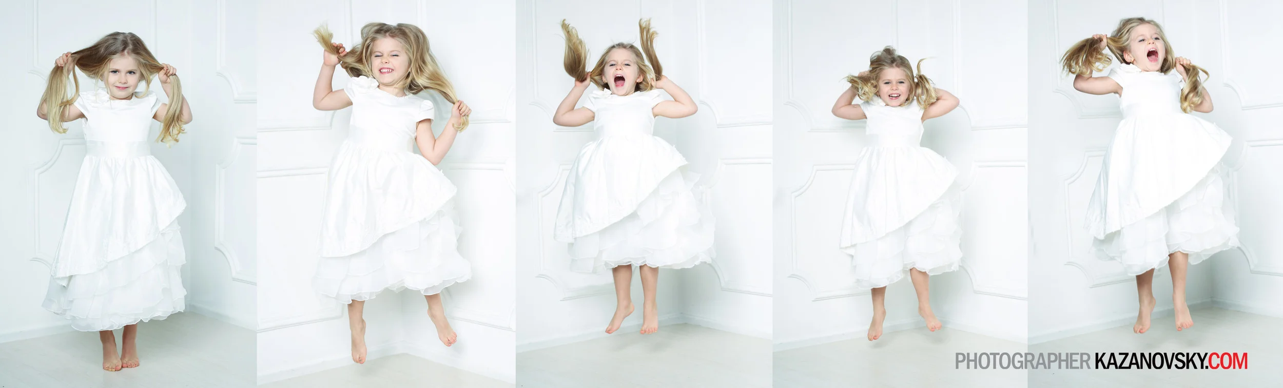 Sequence of five photos of a young girl in a white dress jumping and making different facial expressions against a white wall.