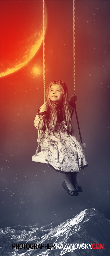 A young girl sitting on a swing in space, with a large orange planet and star in the background, and snow-capped mountains below.