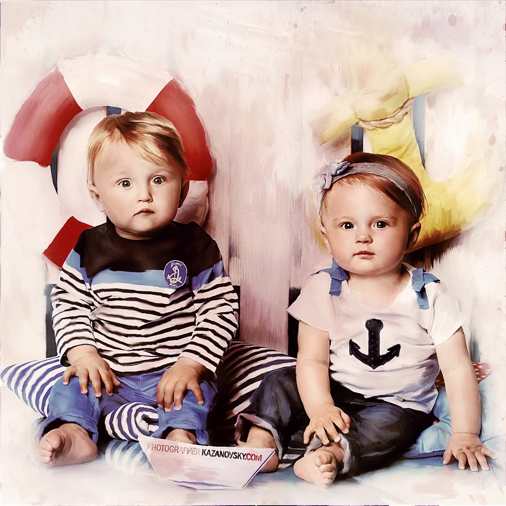 Two young children with nautical-themed outfits and headbands, sitting on a striped pillow in front of colorful background with a lifebuoy and a sail, in a studio setting.