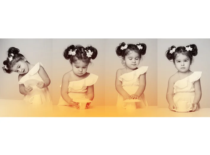 Sequence of four images of a young girl with pigtails wearing a yellow dress, posing with different facial expressions and hand positions.